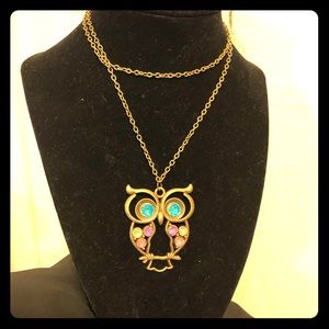 Sparkly, multi color gem, owl fashion necklace